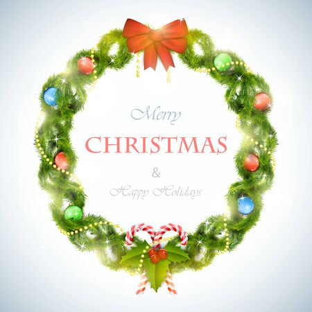Christmas wreath with greeting vector illustration. Merry Christmas  greeting inside Christmas wreath decorated by bow, balls, garland, holly and candies.のイラスト素材