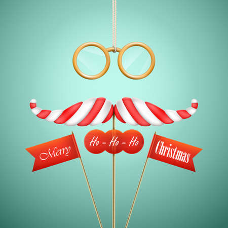 Christmas candy mustache vector illustration.  Santa mustache made of candy and glasses with Merry Christmas greeting on paper flags.のイラスト素材