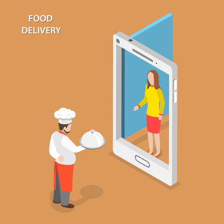 Food delivery flat isometric vector concept. Chef stays with the dish on his hand near the door that looks like a smartphone and gives the it to the woman.のイラスト素材