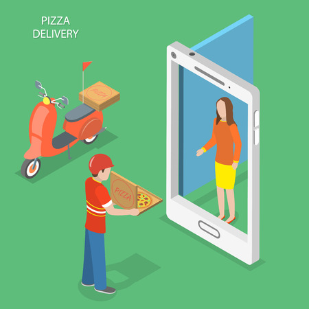 Pizza delivery flat isometric vector concept. Pizza courier stays with the box near the door that looks like a smartphone and gives it to the customer.のイラスト素材