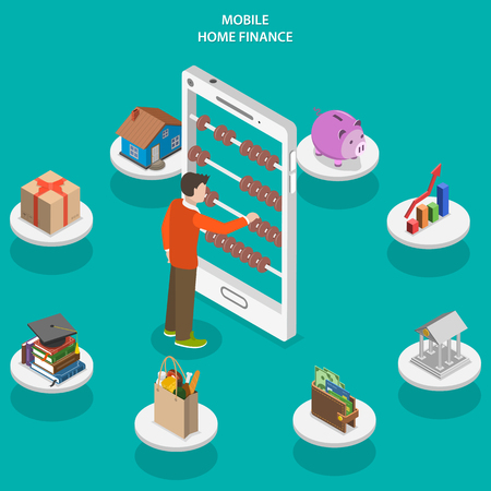 Home finance flat isometric vector concept. A man use counting frame that looks like smartphone surrounded accounting and investments icons.のイラスト素材