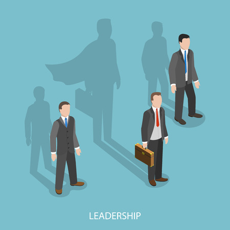 Leadership isometric flat vector concept. Three businessmen with shadows on the wall. Shadow of leader looks like a shodow of superhero. The business advantage.