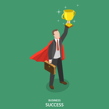 Business success isometric flat vector concept. Happy businessman in suit and superheros cloak takes a winner cup over his head.のイラスト素材
