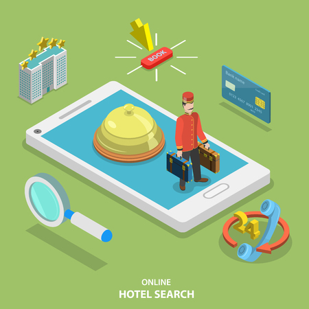 Hotel search online flat isometric vector concept. Online ticket reservation. Room booking service.のイラスト素材
