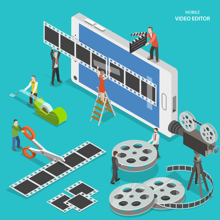 Mobile video editor flat isometric vector concept. People create a movie on smartphone using film strip and sticky tape.のイラスト素材