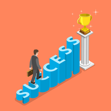 Stairs to success isometric vector concept. Businessman is walking to the winner cup by the stairs that looks like the word SUCCESS. Bussiness strategy, growth, leadership.のイラスト素材