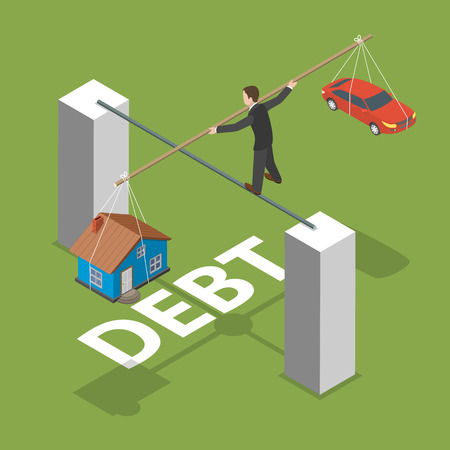 Debt isometric flat vector concept. Man walks by thin stick balancing over the abyss with a house and a car.のイラスト素材