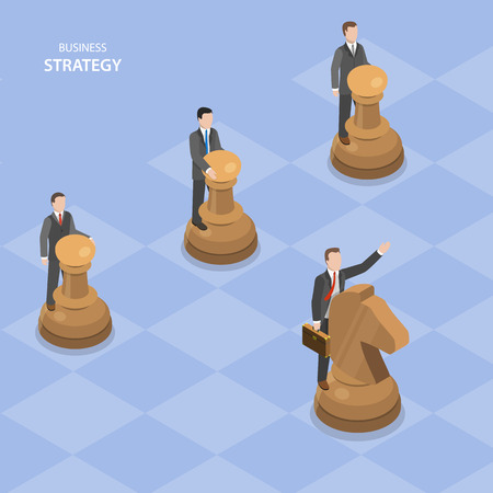 Business stratagy isometric flat vector concept. Businessmen are managing chess figures, one of them manages by a horse and shows others the way to move.のイラスト素材