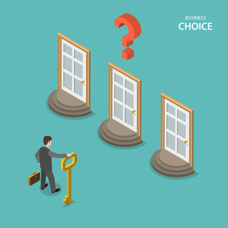 Business choice isometric flat vector concept. Businessman is trying to choose a right door to enter it. Choosing a right way to solve a problem.