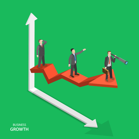 Business growth isometric vector concept. Team of businessmen are on arrow graph moving to success. Team work, leadership, way to success.のイラスト素材