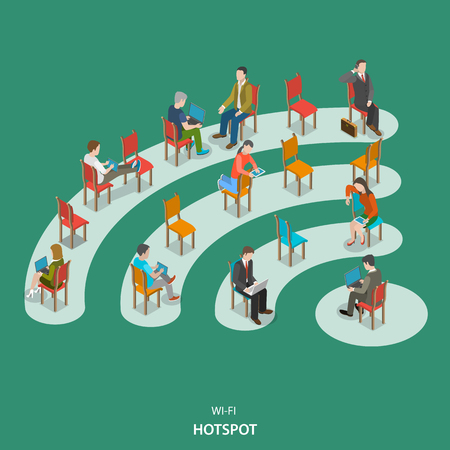 Wi-fi hotspot isometric flat vector concept. People are sitting on the chairs those are located on the wifi sign.のイラスト素材