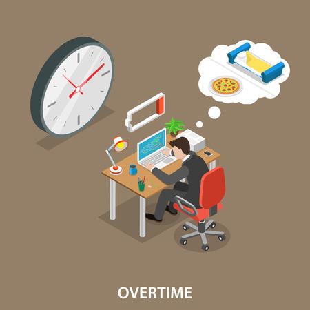 Overtime isometric flat vector illustration. Man is sitting at the table, working overtime, exhausted, dreaming about a meal and a bed.のイラスト素材