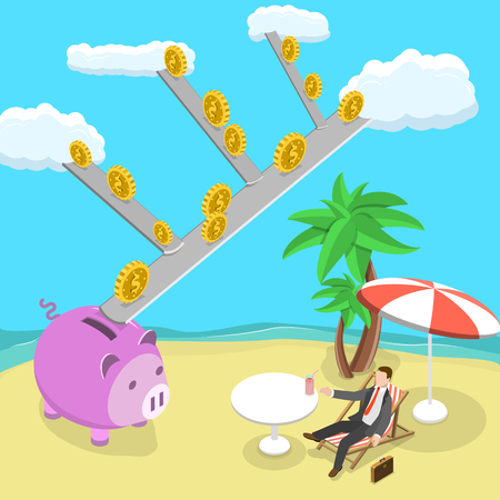 Passive income flat isometric vector illustration. Man is lying on the beach while the money are rolling down from the clouds to his piggy bank. Dividends, royalties, financial freedom.のイラスト素材