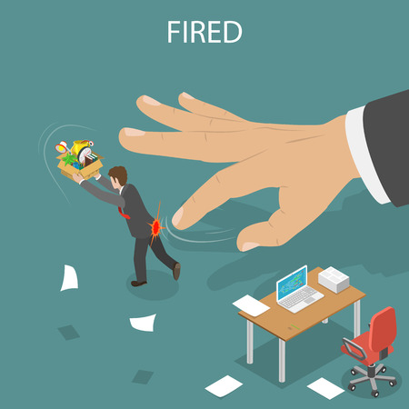 Getting fired isometric flat vector illustration. Boss' hand fillip on the employee to push him out of the office. Dismissed, loss job.のイラスト素材
