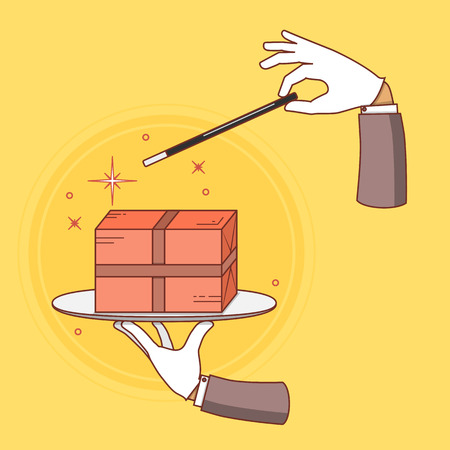 Fast delivery vector conceptual illustration. Hand of magician made parcel by magic wand.のイラスト素材