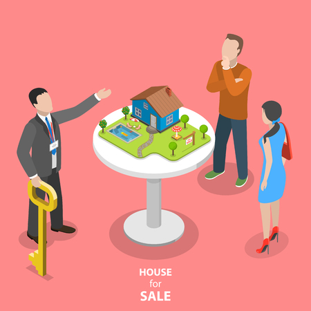 House for sale isometric flat vector concept. The real estate agent trying to sell the house to the couple.のイラスト素材