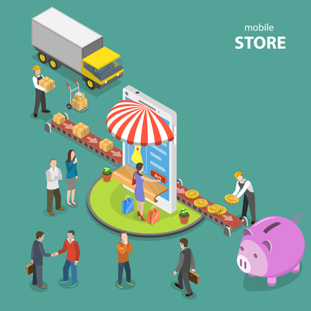 Mobile store flat isometric low poly vector concept.のイラスト素材