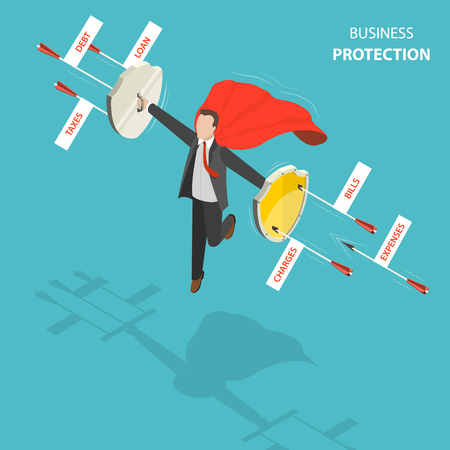 Business protection flat, isometric low poly vector concept. Man with a red cloak is hovering over the ground like a superhero with shields in his hands defending from arrows with captions debt, loan, taxes, expenses, bills, charges.の写真素材