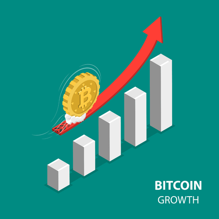 Bitcoing growth flat isometric low poly vector concept. Bitcoin is moving up at high speed over the rising financial chart.のイラスト素材