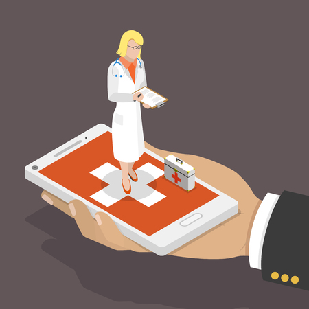 Online doctor flat isometric low poly vector conceptのイラスト素材