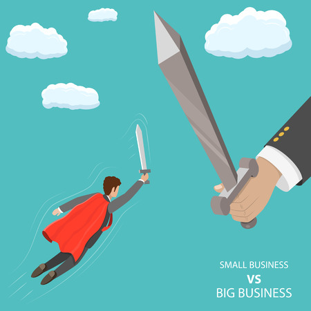 Small business VS big flat isometric vector concept. A businessman that looks like a superhero is flying with sword in his hand to fight with huge hand with big sword.の写真素材