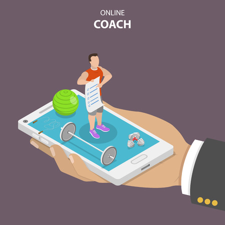 Online coach flat isometric vector concept. Hand is holding a smartphone with a fitness instructor on it that is surrounded by sport requisites. Instructor is holding in his hand a training program.のイラスト素材