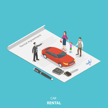 Vehicle rental flat isometric vector concept. Rental agent is describing the car rental condition to the young family standing on the rental agreement.