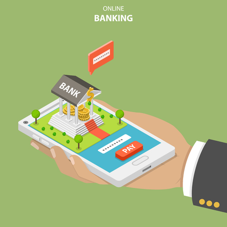Online banking flat isometric vector concept. Hand is holding a smartphone with a bank building on it. The user is performing a secure payment by entering a security code.のイラスト素材