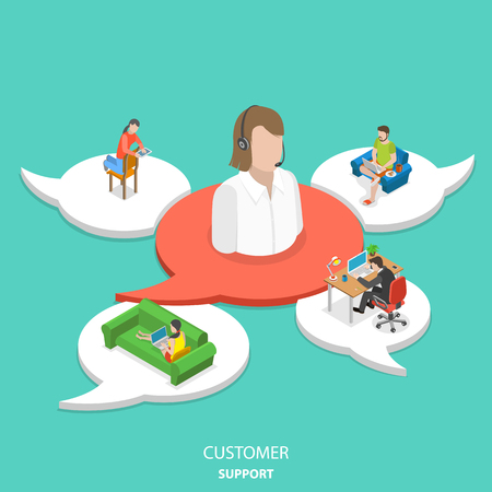 Customer support flat isometric vector concept. Big icon of the customer assistant on the red speech bubble and 4 white ones with customers around assistant.のイラスト素材