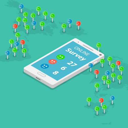 Online survey flat isometric vector concept. Smartphone with a survey results are laying on the map with continents. Smiles are everywhere around the map symbolizing people opinion.のイラスト素材