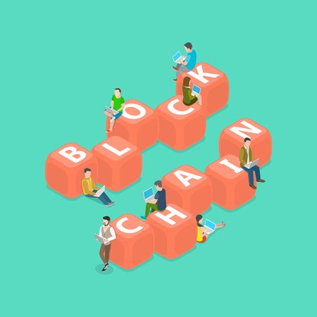 Block chain flat isometric vector concept. People with the laptops are sitting on and around the blocks with the letters BLOCK CHAIN on them.のイラスト素材