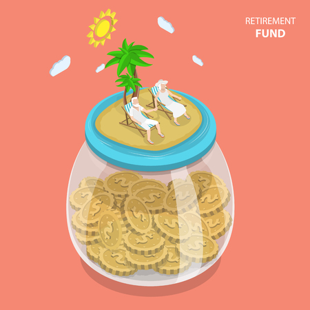 Retirement fund flat isometric vector concept. Aged couple is laying on the beach chairs on the sea shore that located on the top of the huge glass jar with coins.のイラスト素材