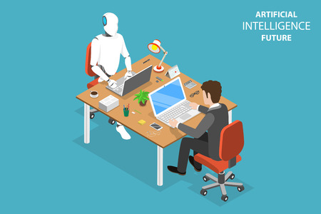 Flat isometric vector concept of AI future, robot and human cooperation, artificial intelligence, business automation.のイラスト素材