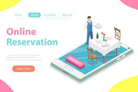 Flat isometric vector concept of table online reservation, mobile booking.のイラスト素材