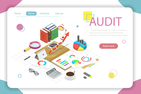 Flat isometric vector concept audit, tax examination, financial report.のイラスト素材