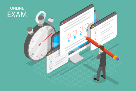 Isometric flat vector concept of online exam, questionnaire form, online education, survey, internet quiz.のイラスト素材