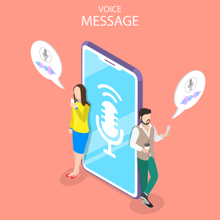 Isometric flat vector concept of voice message, personal assistant, voice recognition, soundwave intelligent technologies.