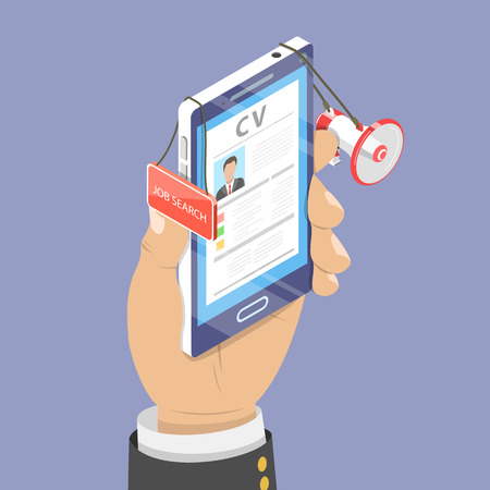 Isometric flat vector concept of job search, online recruitment, HR, recruitment, position application.のイラスト素材