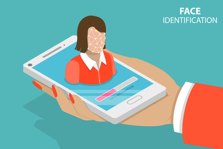 Flat isometric vector concept of biometric idetification, facial recognition system, digital verification. flat, isometric, vector,のイラスト素材