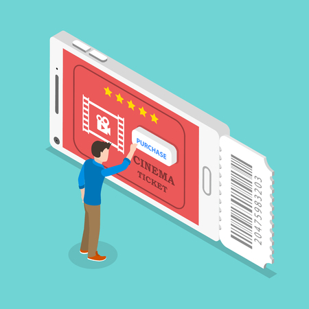 Isometric flat vector concept of mobile cinema tickets app, movie coupon online booking.のイラスト素材