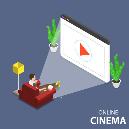 Flat isometric vector concept of online home theatre, mobile movie.のイラスト素材