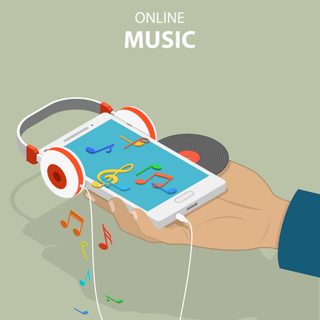 Isometric flat vector concept of mobile music, live player, online radio.のイラスト素材