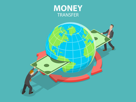 Isometric flat vector concept of international money transfer, online banking, financial transaction.のイラスト素材