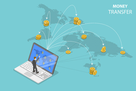 Isometric flat vector concept of sending money around the world, money transfer, online banking, financial transaction.