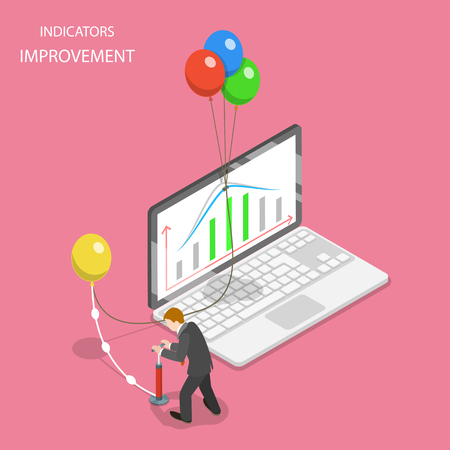 Isometric flat vector concept of indicators improvement, increasing efficiency, financial growth.のイラスト素材