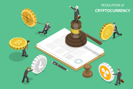 Isometric flat vector concept of regulation of cryptocurrency, digital currency legislation, legislative control.のイラスト素材