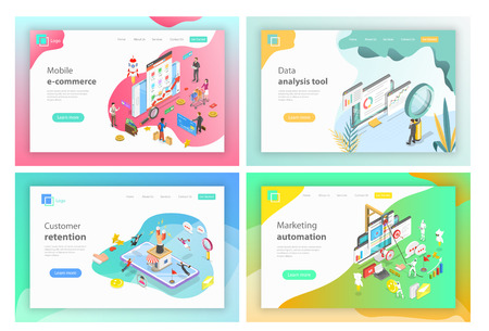 Isometric vector landing page headers for mobile e-commerce, data analysis tools, customer retention, marketing automation.のイラスト素材