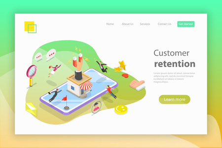 Flat isometric vector landing page header for retention strategy, attracting customer, client support.のイラスト素材