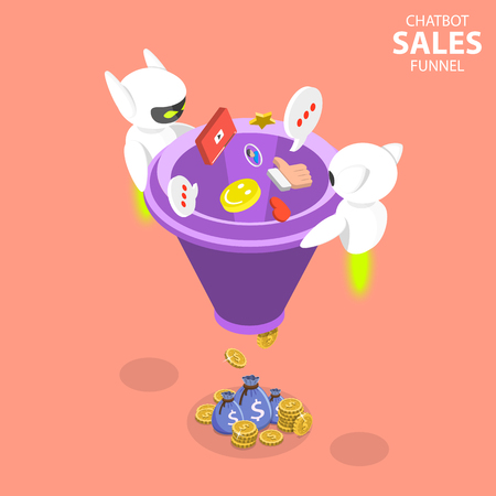 Flat isometric vector concept of chatbot sales funnel, ai, artificial intelligence, customer support, markting strategy.のイラスト素材