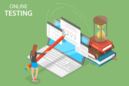 Isometric flat vector concept of online testing, questionnaire form, online education, survey, internet exam.のイラスト素材